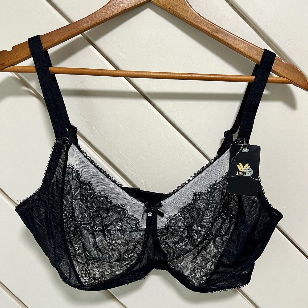 Wacoal 36DD Black Sheer Lace Bra Mesh Contrast Floral Lace Lingerie NWT